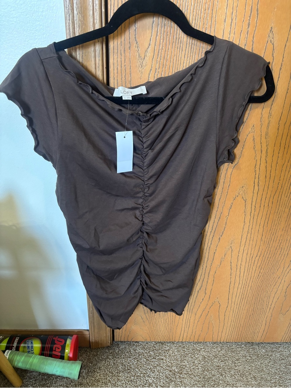 LOFT Brown Ruched Front Cap Sleeve Top